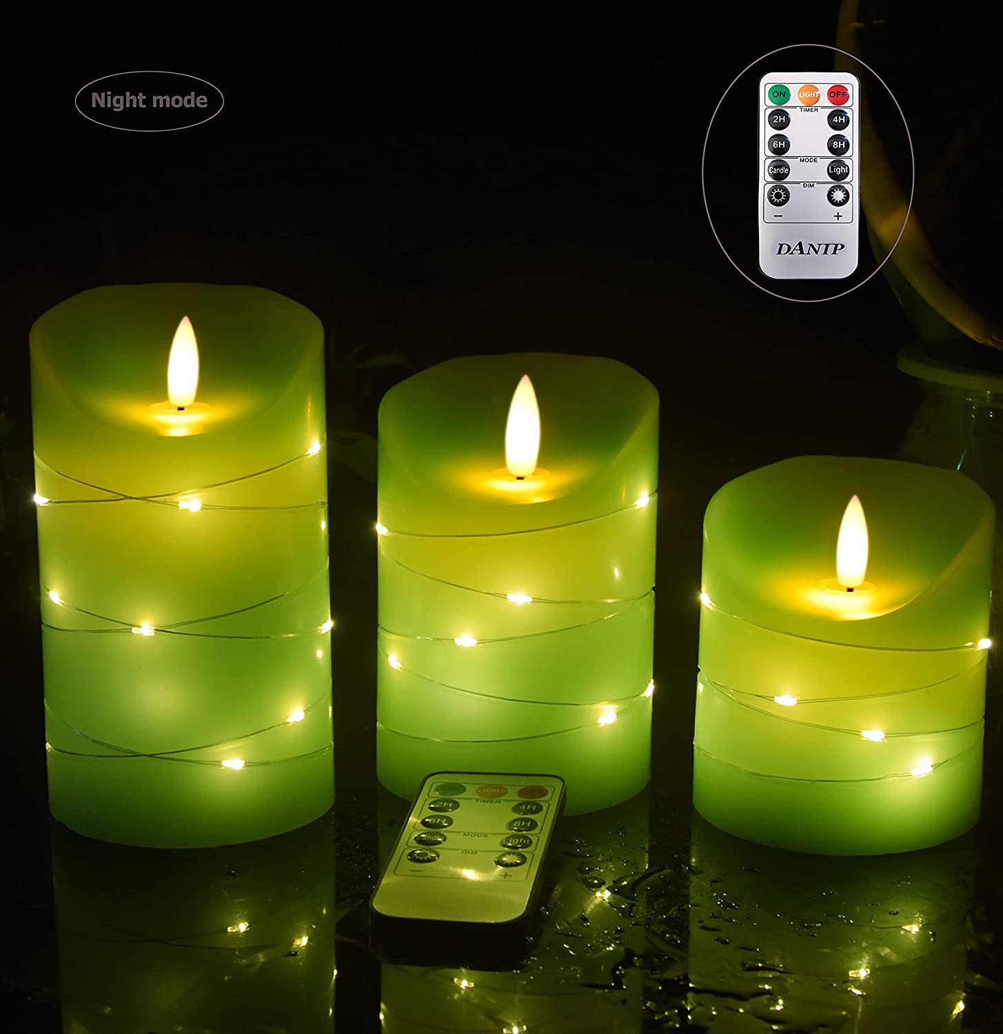 Green LED flameless Candle with Embedded Starlight String, 3 LED Candles, 10-Key Remote Control, 24-Hour Timer Function, Dancing Flame, Real Wax, Battery Powered. (Grass Green)