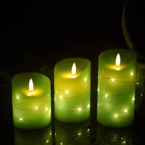 Green LED flameless Candle with Embedded Starlight String, 3 LED Candles, 10-Key Remote Control, 24-Hour Timer Function, Dancing Flame, Real Wax, Battery Powered. (Grass Green)