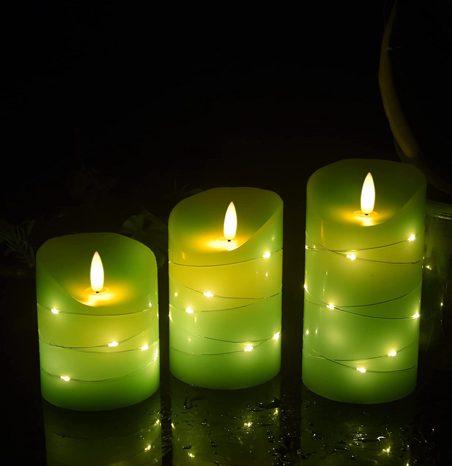 Green LED flameless Candle with Embedded Starlight String, 3 LED Candles, 10-Key Remote Control, 24-Hour Timer Function, Dancing Flame, Real Wax, Battery Powered. (Grass Green)