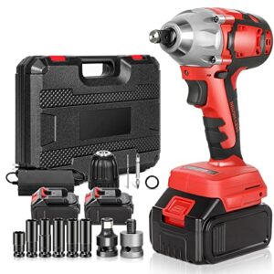 GYZJ Cordless 𝐈𝐦𝐩𝐚𝐜𝐭 Wrench 𝟏/𝟐" Brushless High Torque Wrenches 210 ft-lbs (280N.m) Right Angle Detent Anvil Impact Drive Set Kit 𝟐 Battery 𝟏𝟖𝐕 Chuck/Drill/Sockets/Tool Box/Fast Charger