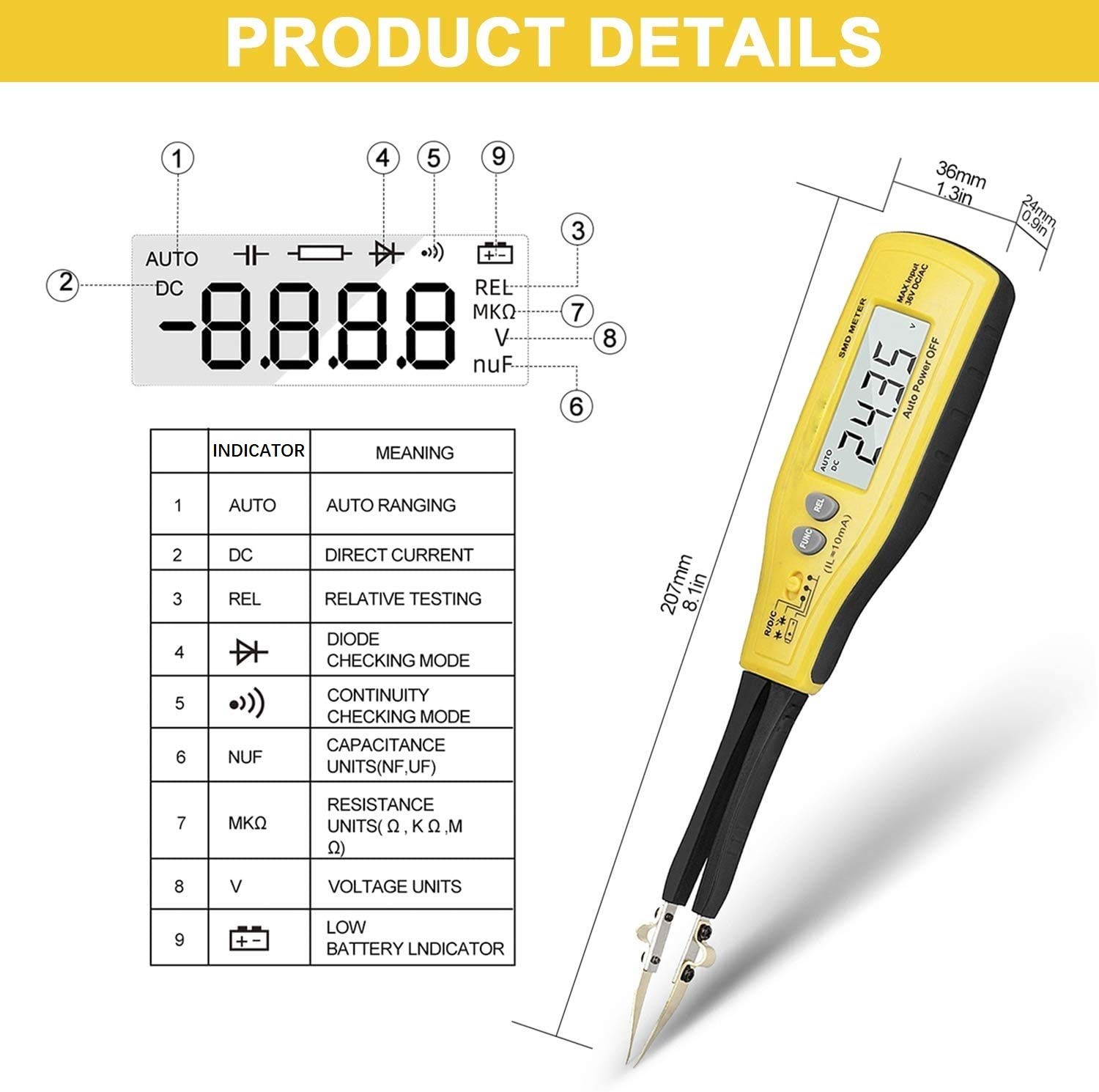 Digital SMD Tester - Auto Ranging 6000 Count, Handheld Mini DMM Resistance Ohmmeter, Capacitance Diode Continuity Battery Test, Portable Tweezers SMD Reader (ANNMETER AN-990C)