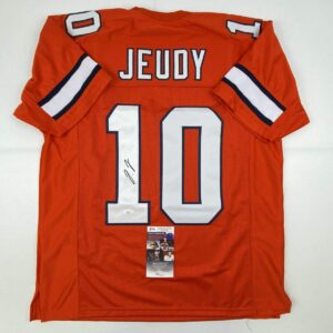 autographed/signed jerry jeudy denver retro orange football jersey jsa coa