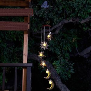 Tryme Solar Powered Wind Chimes with Sun Moon Star Warm LED Windchimes Hanging Outdoor Lights Unique Decor Gifts for Wife Mom Grandma Neighbors