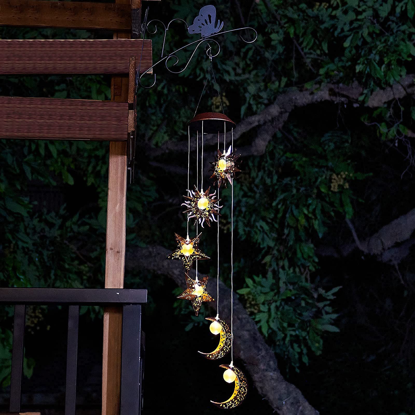 Tryme Solar Powered Wind Chimes with Sun Moon Star Warm LED Windchimes Hanging Outdoor Lights Unique Decor Gifts for Wife Mom Grandma Neighbors