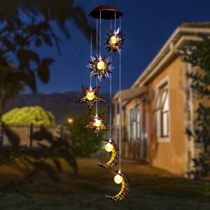 Tryme Solar Powered Wind Chimes with Sun Moon Star Warm LED Windchimes Hanging Outdoor Lights Unique Decor Gifts for Wife Mom Grandma Neighbors