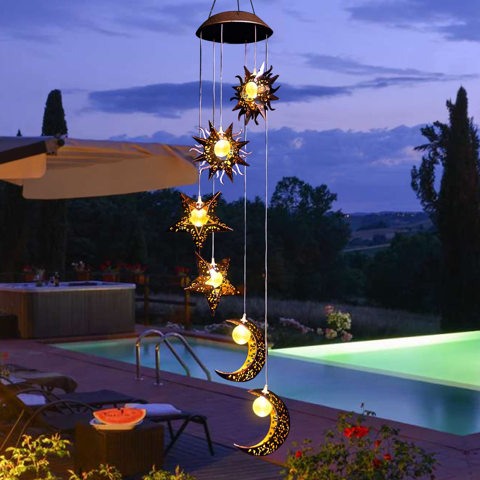 Tryme Solar Powered Wind Chimes with Sun Moon Star Warm LED Windchimes Hanging Outdoor Lights Unique Decor Gifts for Wife Mom Grandma Neighbors