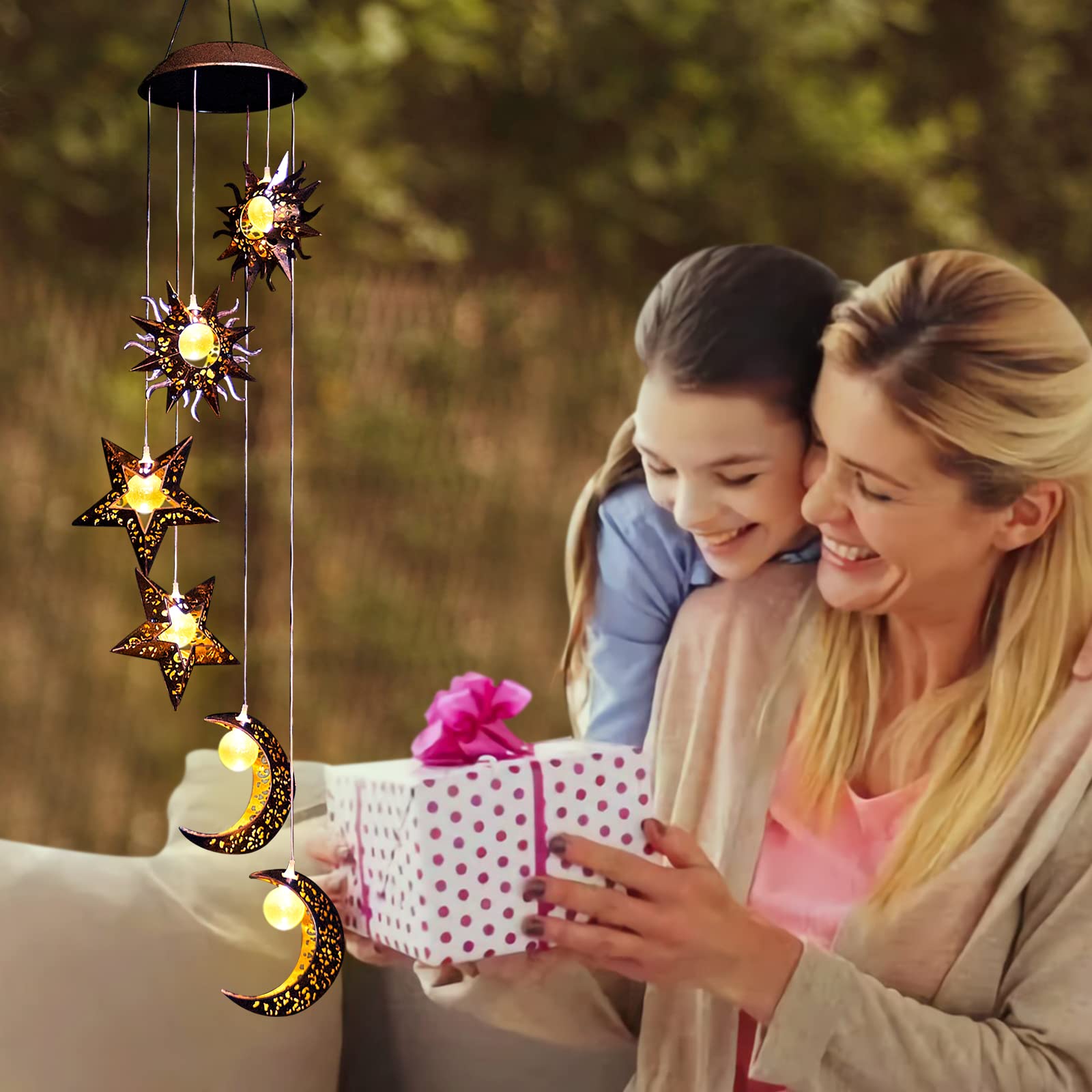 Tryme Solar Powered Wind Chimes with Sun Moon Star Warm LED Windchimes Hanging Outdoor Lights Unique Decor Gifts for Wife Mom Grandma Neighbors