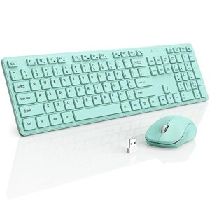 wisfox 2.4ghz full-size silent keyboard with numeric keypad, long battery life, lag-free, slim usb cordless and mouse for pc laptop windows (mint green)