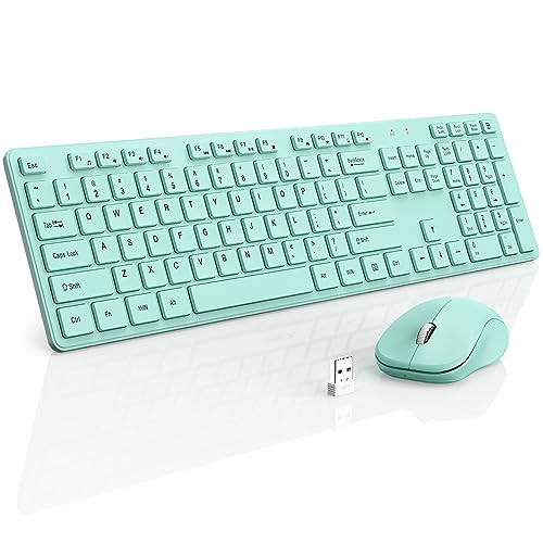 WisFox 2.4GHz Full-Size Silent Keyboard with Numeric Keypad, Long Battery Life, Lag-Free, Slim USB Cordless and Mouse for PC Laptop Windows (Mint Green)