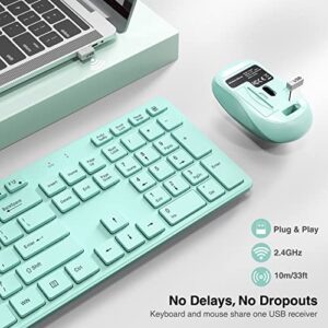 WisFox 2.4GHz Full-Size Silent Keyboard with Numeric Keypad, Long Battery Life, Lag-Free, Slim USB Cordless and Mouse for PC Laptop Windows (Mint Green)