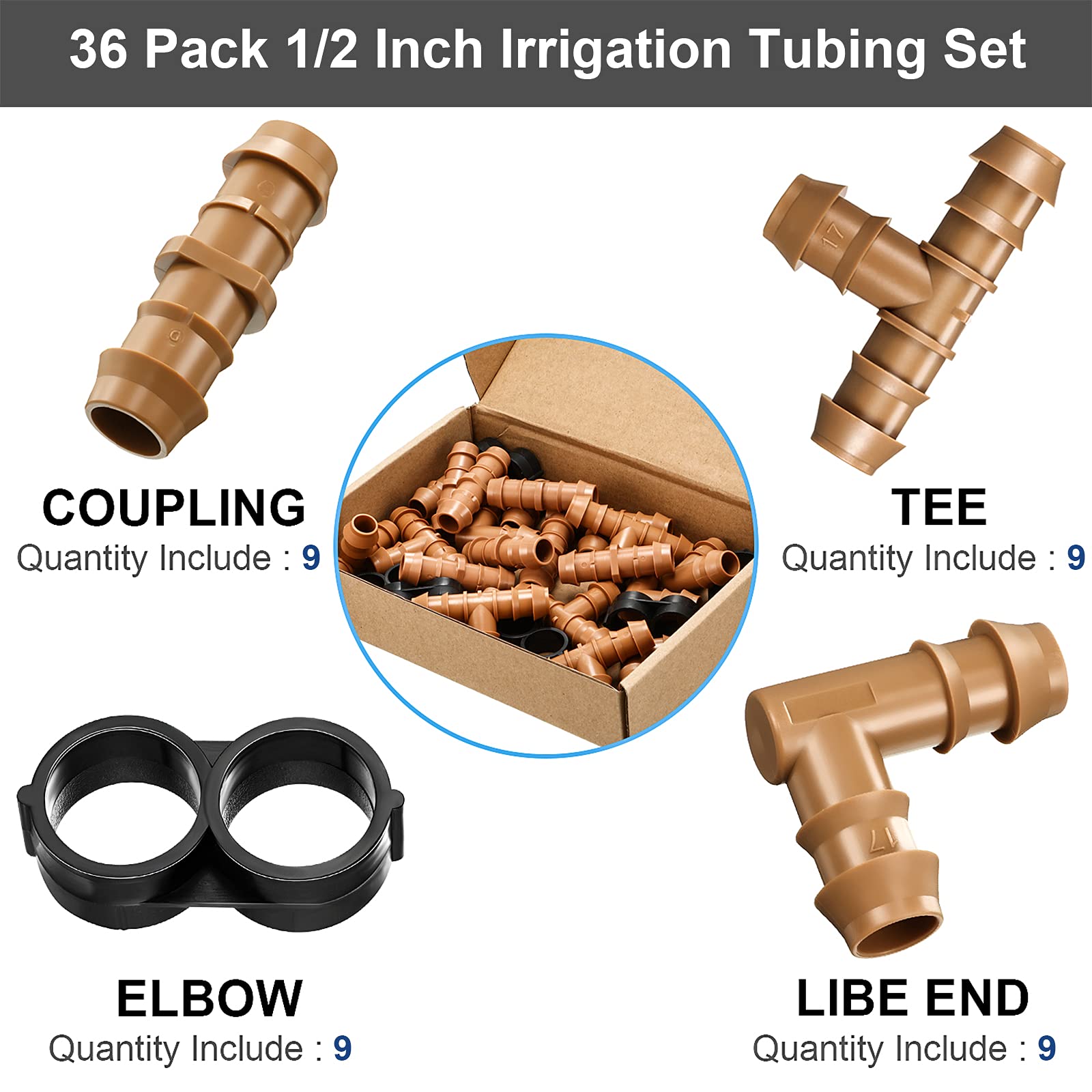 36 Pieces Drip Irrigation Fittings Kit 1/2 Inch Tubing Fitting Set Includes 9 Tees, 9 Couplings, 9 Elbows and 9 End Cap Plugs Drip Irrigation Barbed Connectors for Compatible Drip or Sprinkler Systems