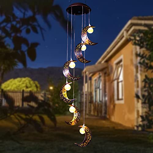 Tryme Solar Moon Wind Chimes Outdoor Solar Lights Windchimes Waterproof Hanging Decorations Gifts for Garden Patio Birthday Thanksgiving Home Party