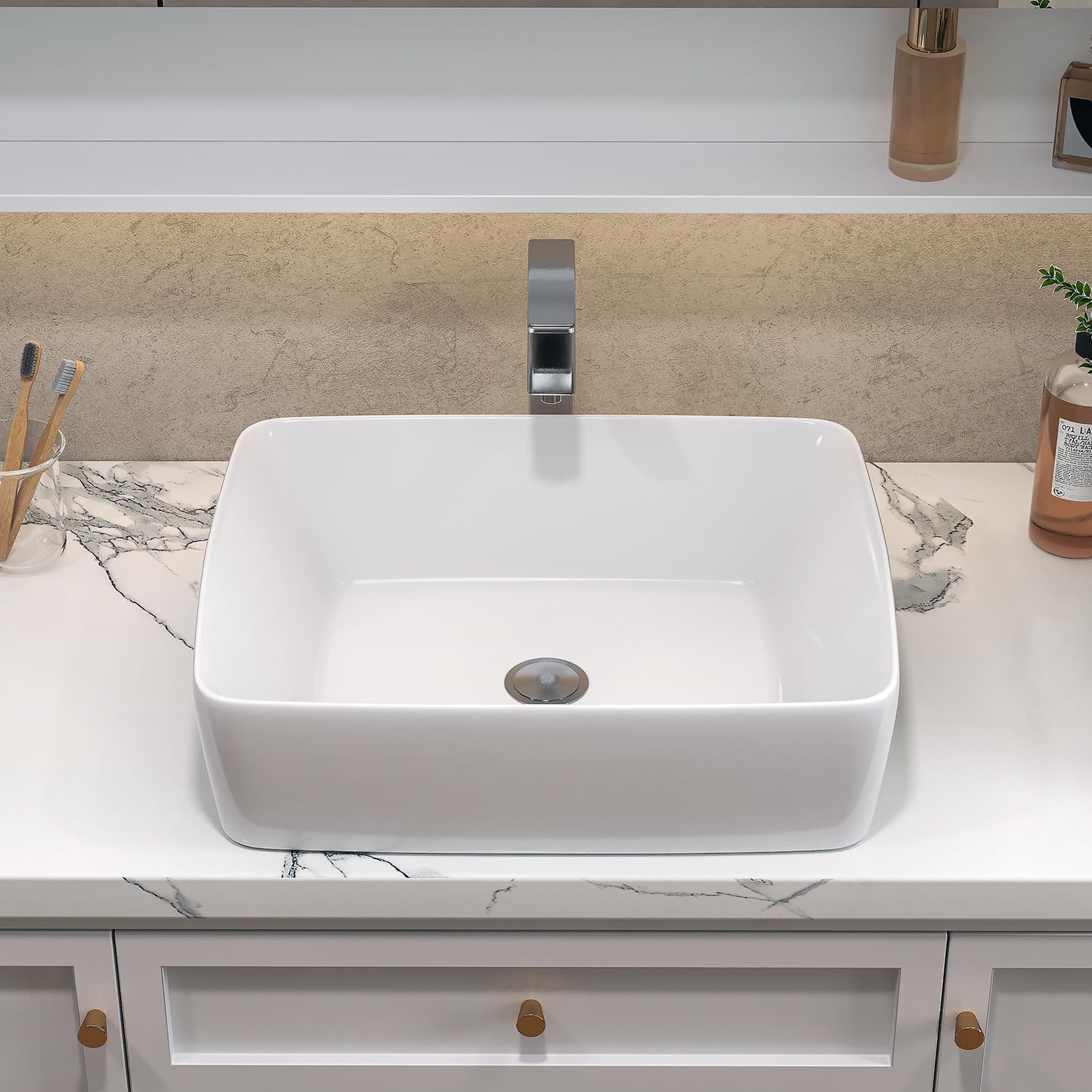 Sinber 19" x 15" x 5.31" White Rectangular Ceramic Countertop Bathroom Vanity Vessel Sink BVS1915A-OL