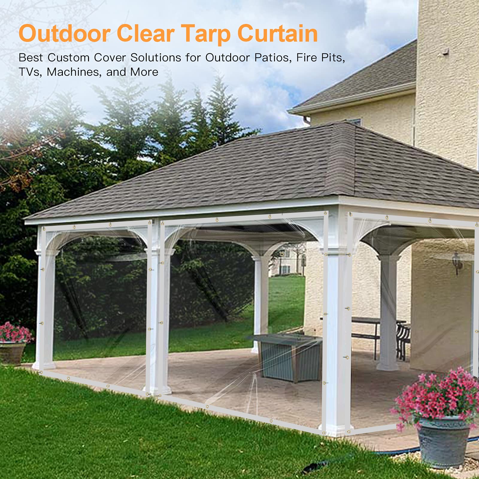 10 x 10FT Outdoor Clear Tarp Curtain Waterproof Wind-Proof 24 Mil Transparent Vinyl Tarp for Patio Pergola Garden Canopy Rainproof Anti-Tear PVC Thick Cover with Grommets