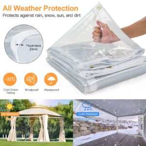 10 x 10FT Outdoor Clear Tarp Curtain Waterproof Wind-Proof 24 Mil Transparent Vinyl Tarp for Patio Pergola Garden Canopy Rainproof Anti-Tear PVC Thick Cover with Grommets