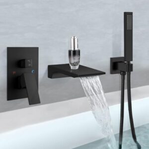 aolemi wall mount bathtub faucet wall tub filler wall mounted tub faucet 3.9" waterfall spout with single handle metal handheld solid brass rough-in valve,matte black