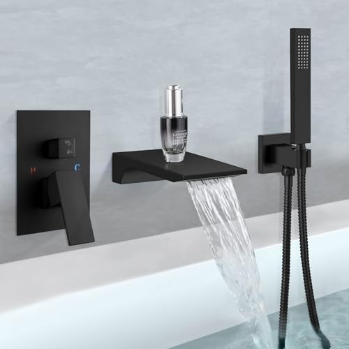 Aolemi Wall Mount Bathtub Faucet Wall Tub Filler Wall Mounted Tub Faucet 3.9" Waterfall Spout with Single Handle Metal Handheld Solid Brass Rough-in Valve,Matte Black