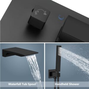 Aolemi Wall Mount Bathtub Faucet Wall Tub Filler Wall Mounted Tub Faucet 3.9" Waterfall Spout with Single Handle Metal Handheld Solid Brass Rough-in Valve,Matte Black