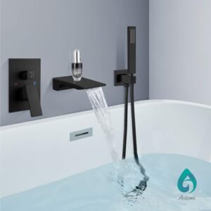 Aolemi Wall Mount Bathtub Faucet Wall Tub Filler Wall Mounted Tub Faucet 3.9" Waterfall Spout with Single Handle Metal Handheld Solid Brass Rough-in Valve,Matte Black