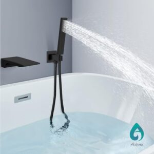 Aolemi Wall Mount Bathtub Faucet Wall Tub Filler Wall Mounted Tub Faucet 3.9" Waterfall Spout with Single Handle Metal Handheld Solid Brass Rough-in Valve,Matte Black