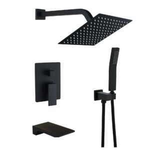 bathtub shower system matte black shower and tub faucet set with 10 inch rian shower head and handheld spray mix shower combo,including rough-in valve and shower trim kit