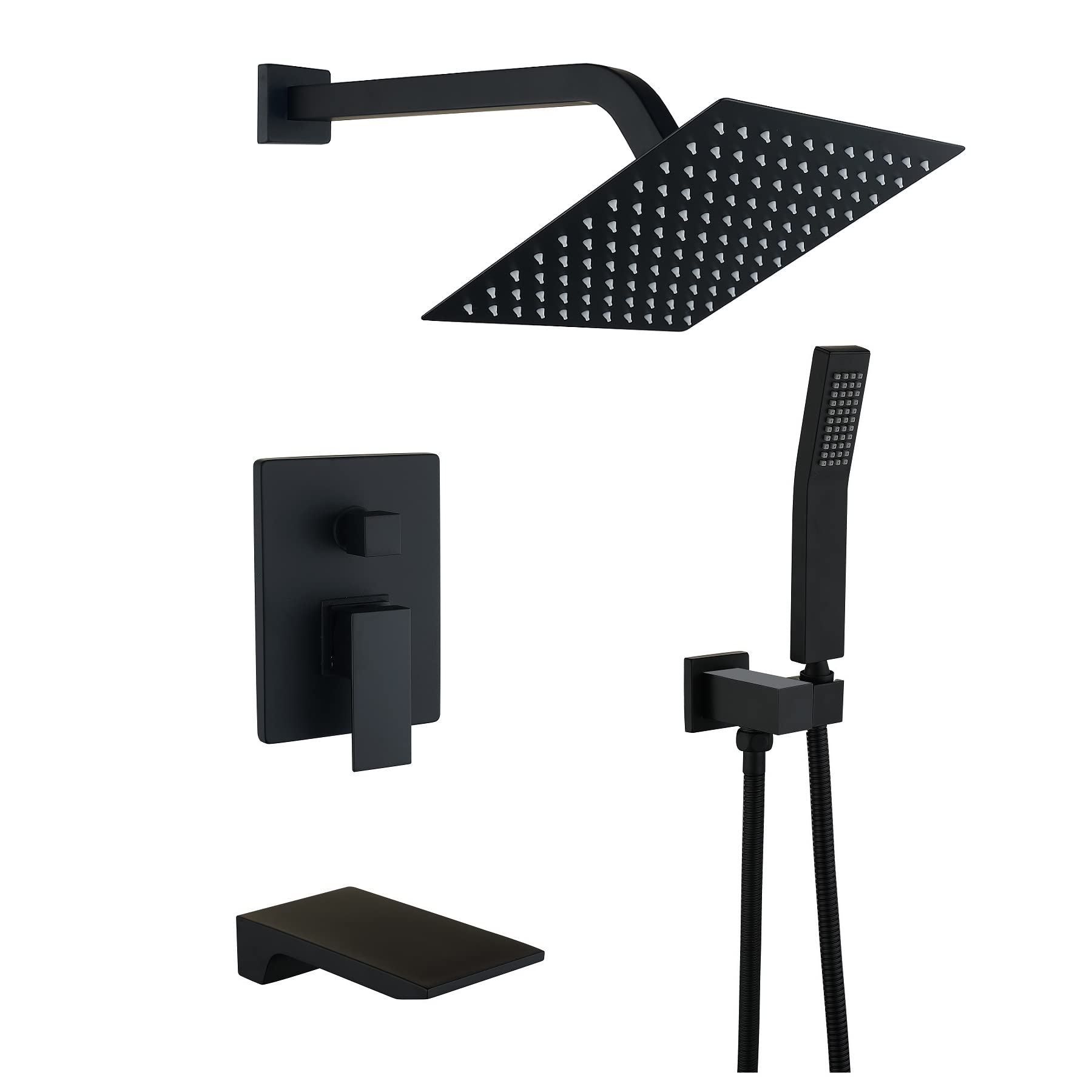 Bathtub Shower System Matte Black Shower and Tub Faucet set with 10 inch Rian Shower Head and Handheld Spray Mix Shower Combo,including Rough-in valve and Shower Trim Kit