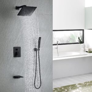 Bathtub Shower System Matte Black Shower and Tub Faucet set with 10 inch Rian Shower Head and Handheld Spray Mix Shower Combo,including Rough-in valve and Shower Trim Kit