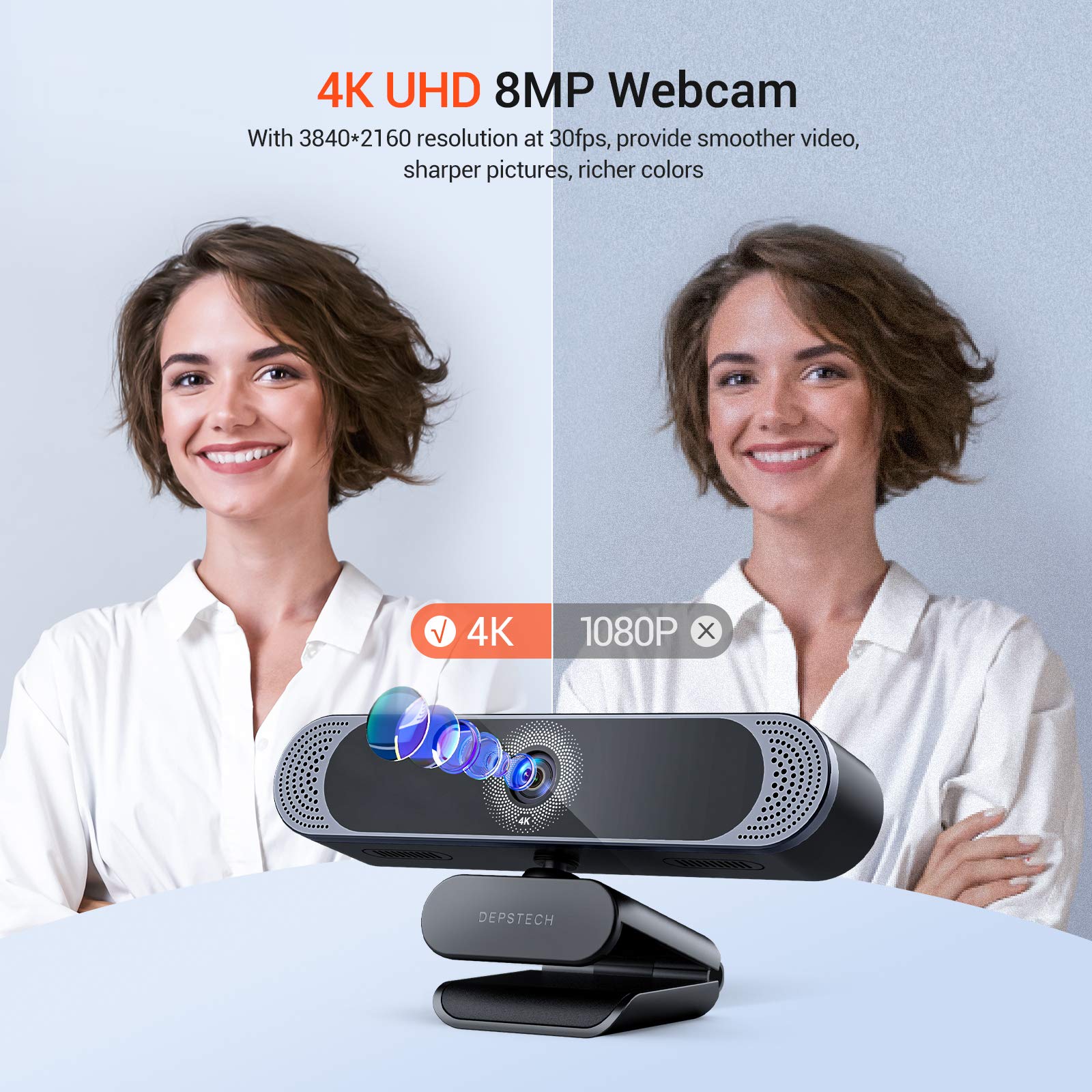 4K Webcam, DEPSTECH DW49 HD 8MP Sony Sensor Autofocus Webcam with Microphone, Privacy Cover and Tripod, Plug Play USB Computer Web Camera for Pro Streaming/Online Teaching/Video Calling/Zoom/Skype