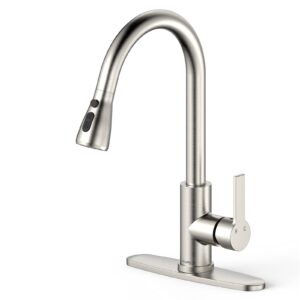 kitchen faucet, brushed nickel kitchen faucet for sink with sprayer, single handle faucets high arc modern spring kitchen sink faucet stainless steel with deck plate, for one hole or 3 hole