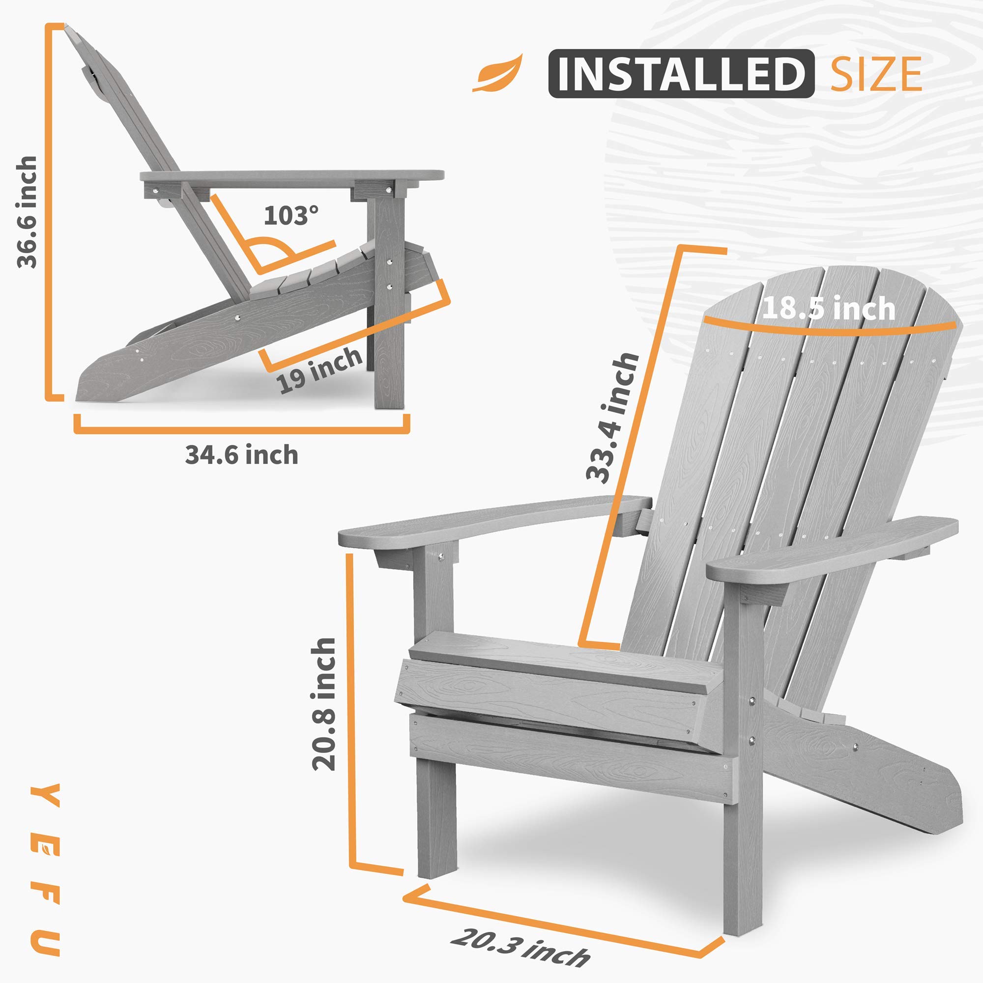 YEFU Adirondack Chair Plastic Weather Resistant, Patio Chairs, Widely Used in Outdoor, Fire Pit, Outside, Garden, Campfire Chairs (Grey)