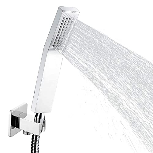 Brass Hand Held Shower Head, Luxury High Pressure Showerhead Kit with Wall Connector and Hose Set, for Bathroom Showering System Contemporary Square Style (Chrome Finish)