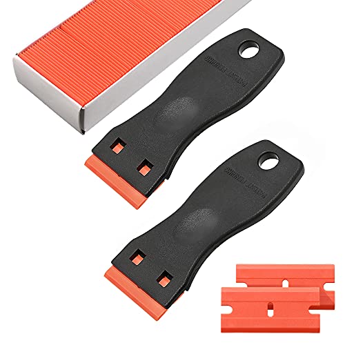 Sticker Scraper Tool Set include 120 Pcs 1.5 Inch Plastic Scraper Blades + 2 Pcs Plastic Razor Blade Scraper for Auto Vinyl Wrap Window Tint Glass Cleaning Adhesive Glue Paint Remove Plastic Scraper