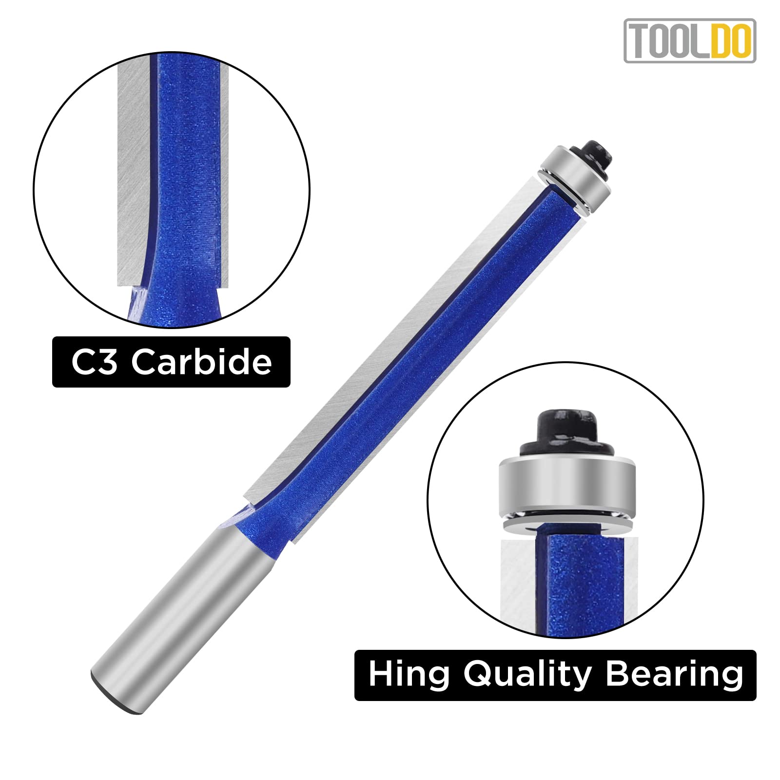 TOOLDO 3" inch Bearing Flush Trim Bit，C3 Carbide Flush Trim Router Bit, 1/2 inch Shank for Wood Router, for DIY, Woodworking Project, High Grade