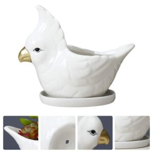 VOSAREA Animal Succulent Plant Pots Ceramic Mini Parrot Shape Succulent Planter with Saucer for Plants Flower Cactus Bonsai Container Home Decor White