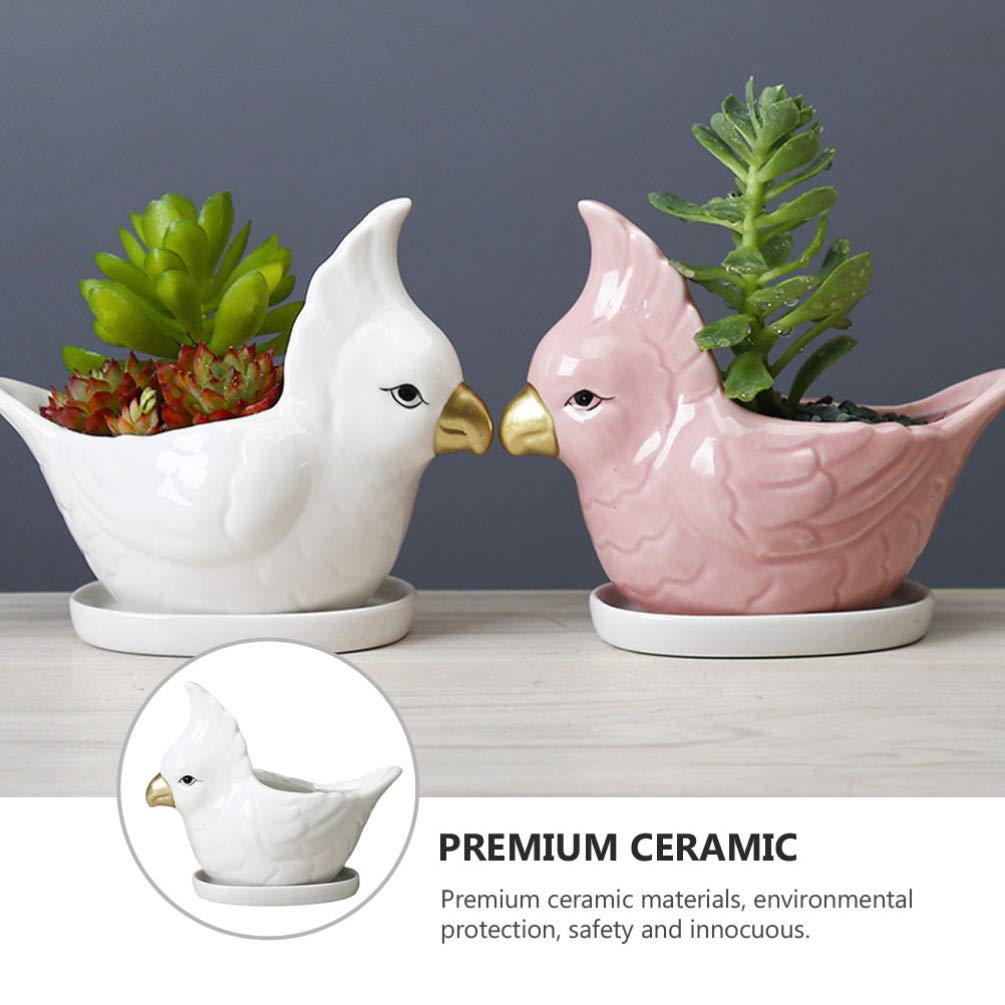 VOSAREA Animal Succulent Plant Pots Ceramic Mini Parrot Shape Succulent Planter with Saucer for Plants Flower Cactus Bonsai Container Home Decor White