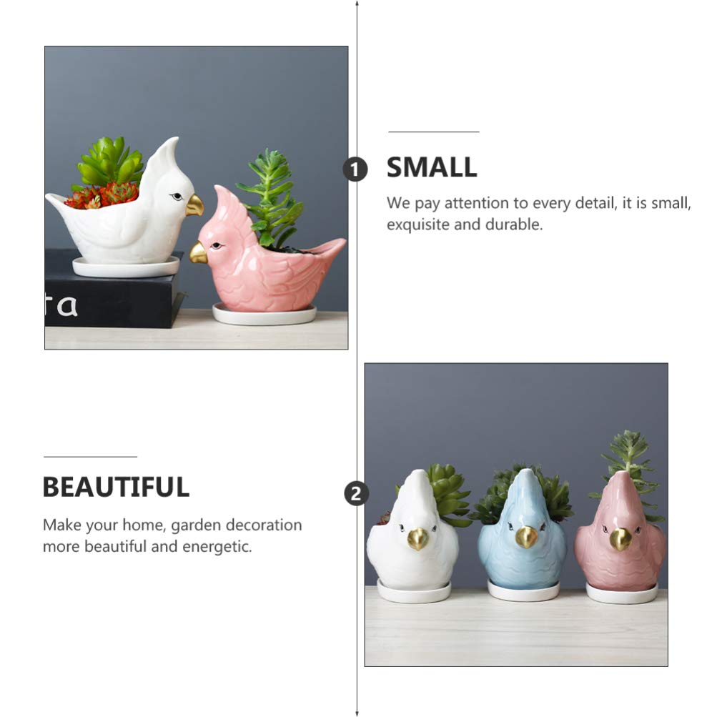 VOSAREA Animal Succulent Plant Pots Ceramic Mini Parrot Shape Succulent Planter with Saucer for Plants Flower Cactus Bonsai Container Home Decor White