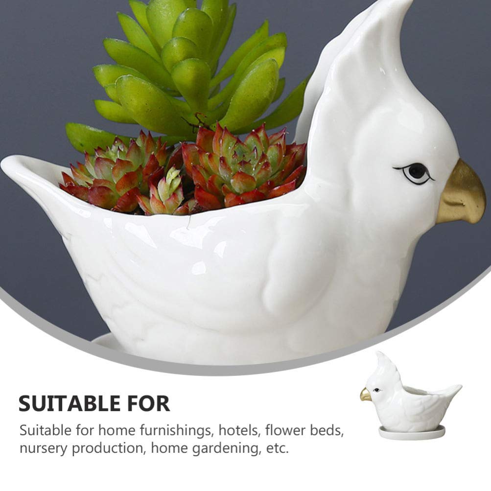 VOSAREA Animal Succulent Plant Pots Ceramic Mini Parrot Shape Succulent Planter with Saucer for Plants Flower Cactus Bonsai Container Home Decor White