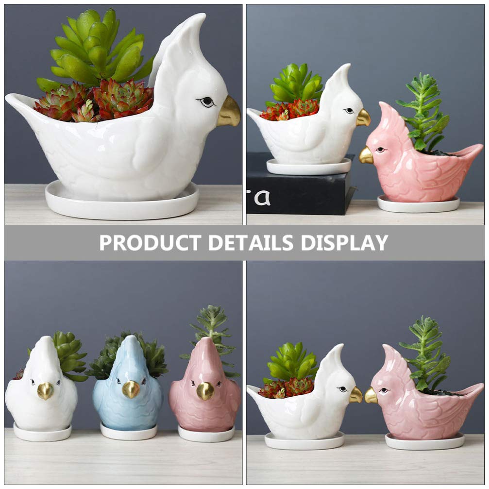 VOSAREA Animal Succulent Plant Pots Ceramic Mini Parrot Shape Succulent Planter with Saucer for Plants Flower Cactus Bonsai Container Home Decor White