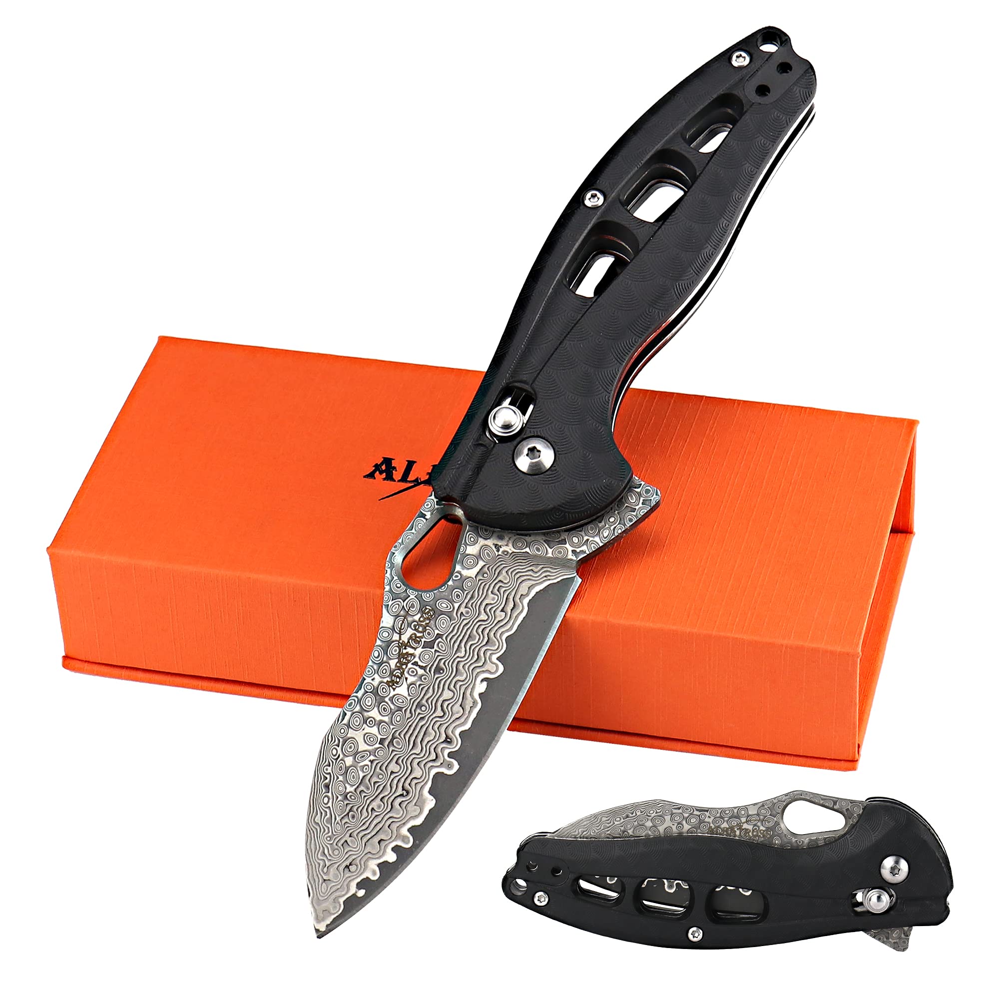 ALBATROSS Cool Flipper Axis Lock Opening Folding Pocket Knife with 3" Modern Damascus Steel Blade and 4.25" High Strength FRN Handle, Deep Carry Pocket Clip - Gifts Box FK036DA-BK