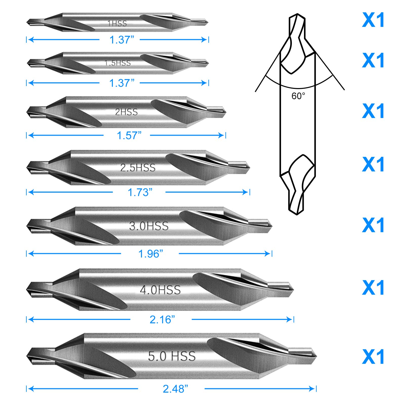 7 Pieces Center Drill Bits Set, M2 High Speed Steel 60-Degree Angle Center Drill Bits Kit Countersink Tools for Lathe Metalworking Size 1.0 1.5 2.0 2.5 3.0 4.0 5.0