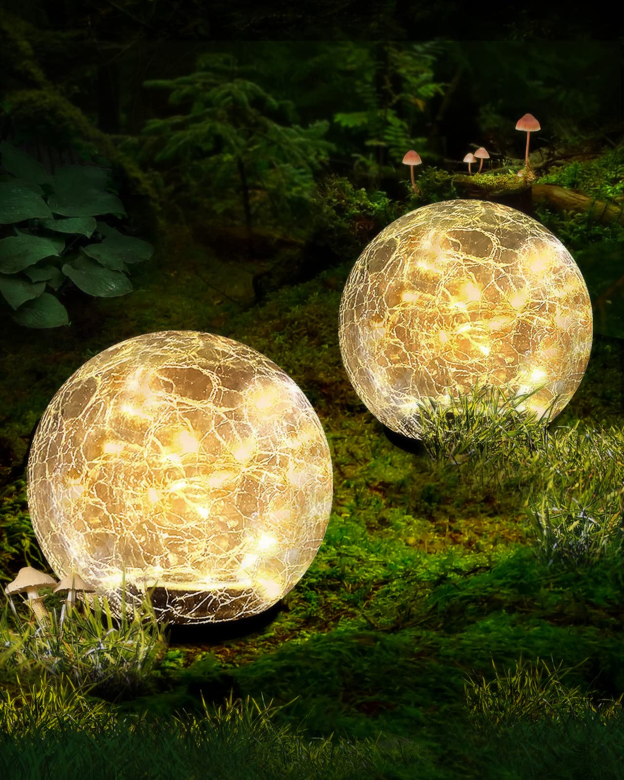 Garden Solar Ball Lights Outdoor Waterproof, 50 LED Cracked Glass Globe Solar Power Ground Lights for Path Yard Patio Lawn, Christmas Decoration Landscape Warm White(2 Pack 4.7'')