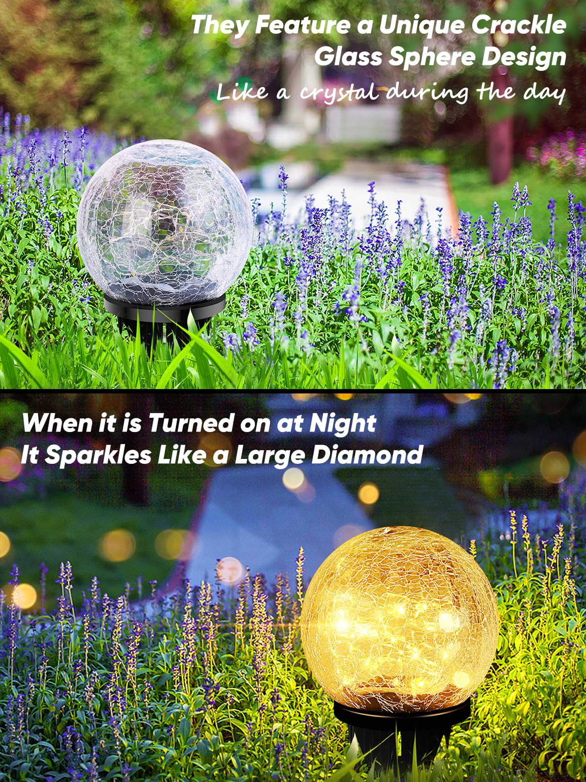 Garden Solar Ball Lights Outdoor Waterproof, 50 LED Cracked Glass Globe Solar Power Ground Lights for Path Yard Patio Lawn, Christmas Decoration Landscape Warm White(2 Pack 4.7'')