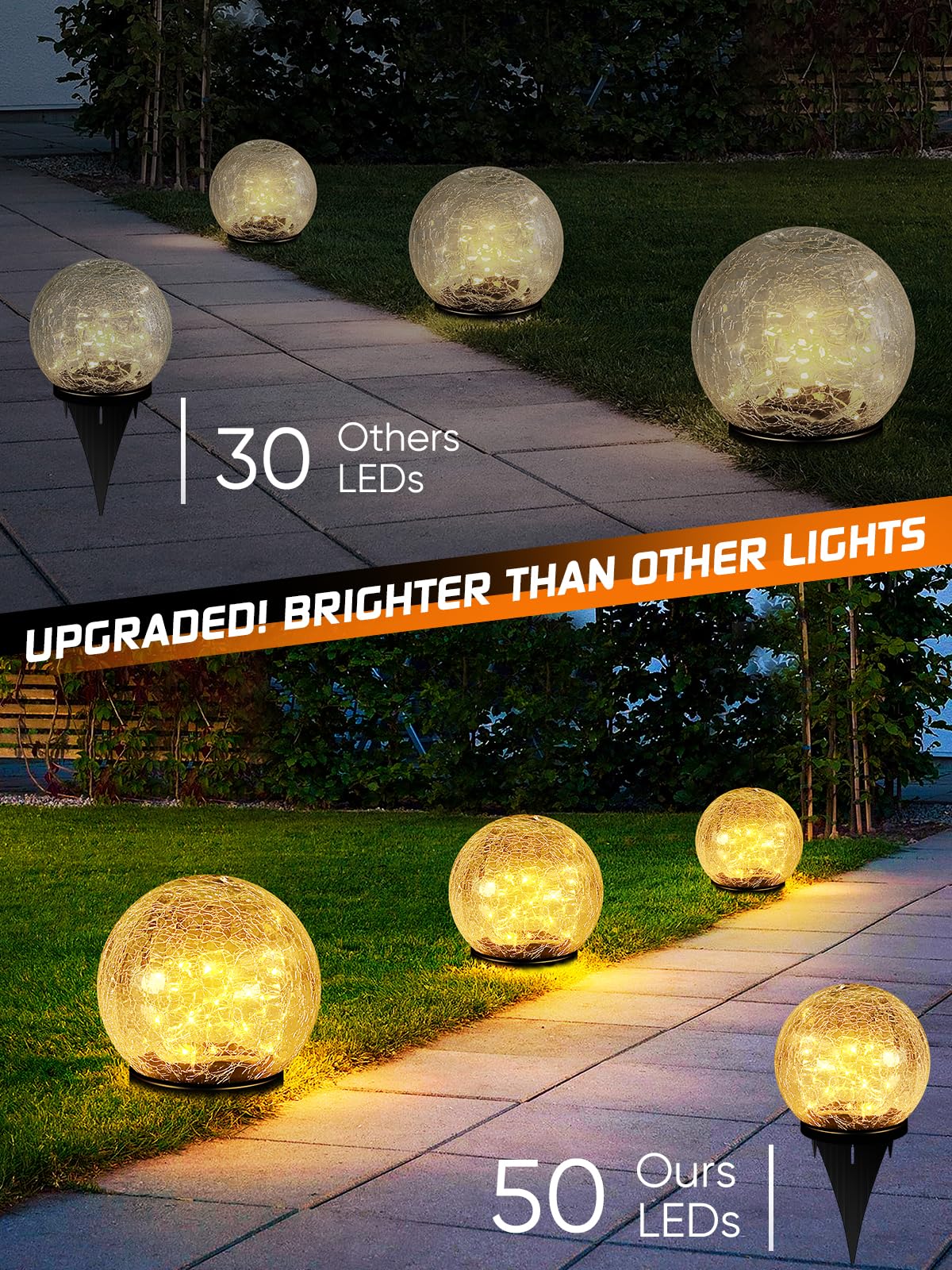 Garden Solar Ball Lights Outdoor Waterproof, 50 LED Cracked Glass Globe Solar Power Ground Lights for Path Yard Patio Lawn, Christmas Decoration Landscape Warm White(2 Pack 4.7'')