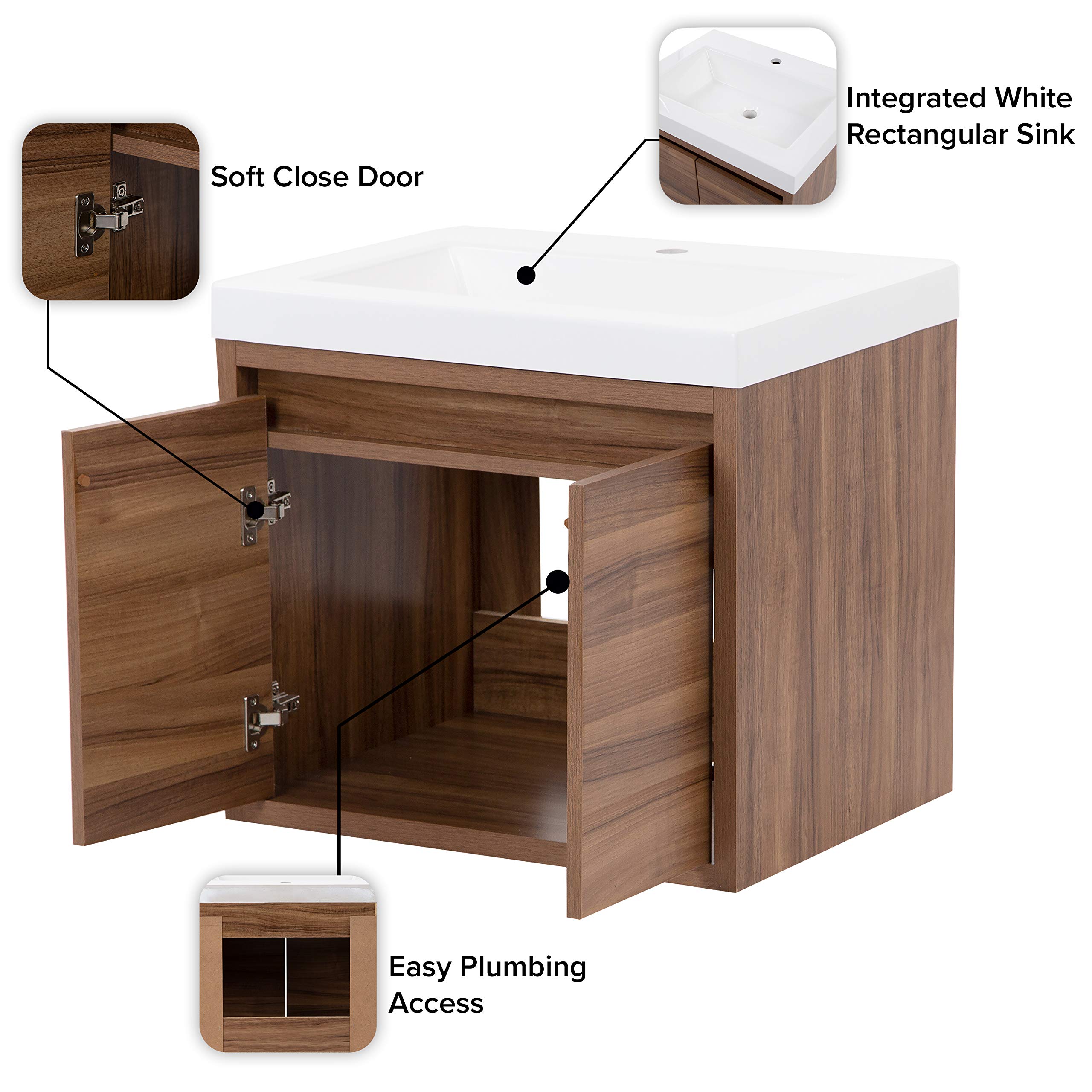 Spring Mill Cabinets Kelby Modern Floating Bathroom Vanity with 2-Door Cabinet Sink Top, 24.5" W x 18.75" D x 22.25" H, Brown and White