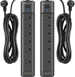 power strip 2-pack, hitrends surge protector with 6 ac outlets & 3 usb charging ports, 5 feet heavy duty extension cord, 1875w/15a multiplug for home office & multiple usb devices - black