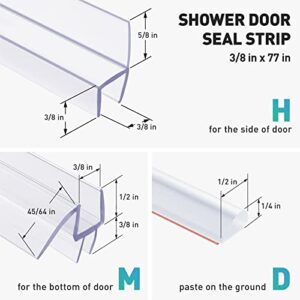 Shower Door Seal Set - 4 PCS 3/8" x 77" Frameless Shower Door Bottom Seal and Side Seal for 3/8 Inch Glass,Glass Shower Door Seal Strip Door Sweep,Stop Shower Leaks and Create a Water Barrier