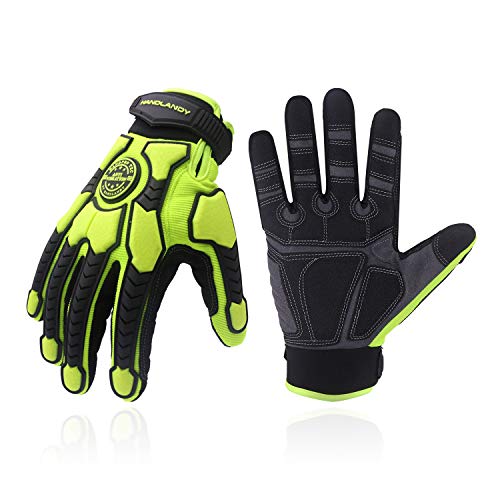 HLDD HANDLANDY Heavy Duty Work Gloves, SBR Padding, TPR Protector Impact Gloves, Men Anti Vibration Mechanic Work Gloves TouchScreen (L, Green)