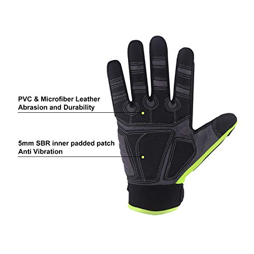 HLDD HANDLANDY Heavy Duty Work Gloves, SBR Padding, TPR Protector Impact Gloves, Men Anti Vibration Mechanic Work Gloves TouchScreen (L, Green)