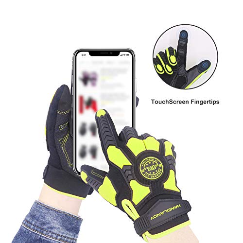 HLDD HANDLANDY Heavy Duty Work Gloves, SBR Padding, TPR Protector Impact Gloves, Men Anti Vibration Mechanic Work Gloves TouchScreen (L, Green)