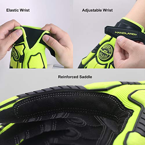 HLDD HANDLANDY Heavy Duty Work Gloves, SBR Padding, TPR Protector Impact Gloves, Men Anti Vibration Mechanic Work Gloves TouchScreen (L, Green)